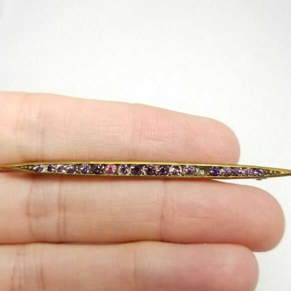 Vintage Skinny Pink Purple Rhinestone Bar Brooch, Gold Tone Setting, Estate - Picture 8 of 8